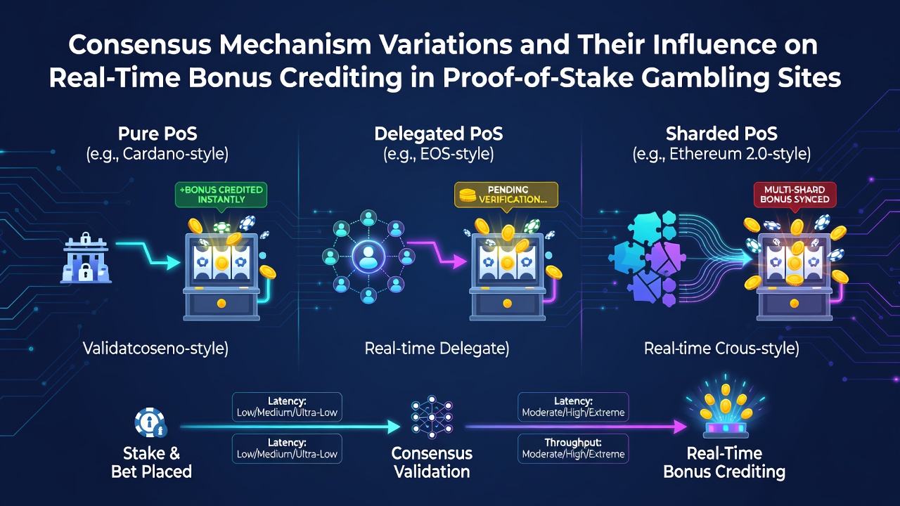 Illustration verschiedener Proof-of-Stake-Konsensmechanismen mit Blockchain-Netzwerken und Bonusgutschriften in Casinos