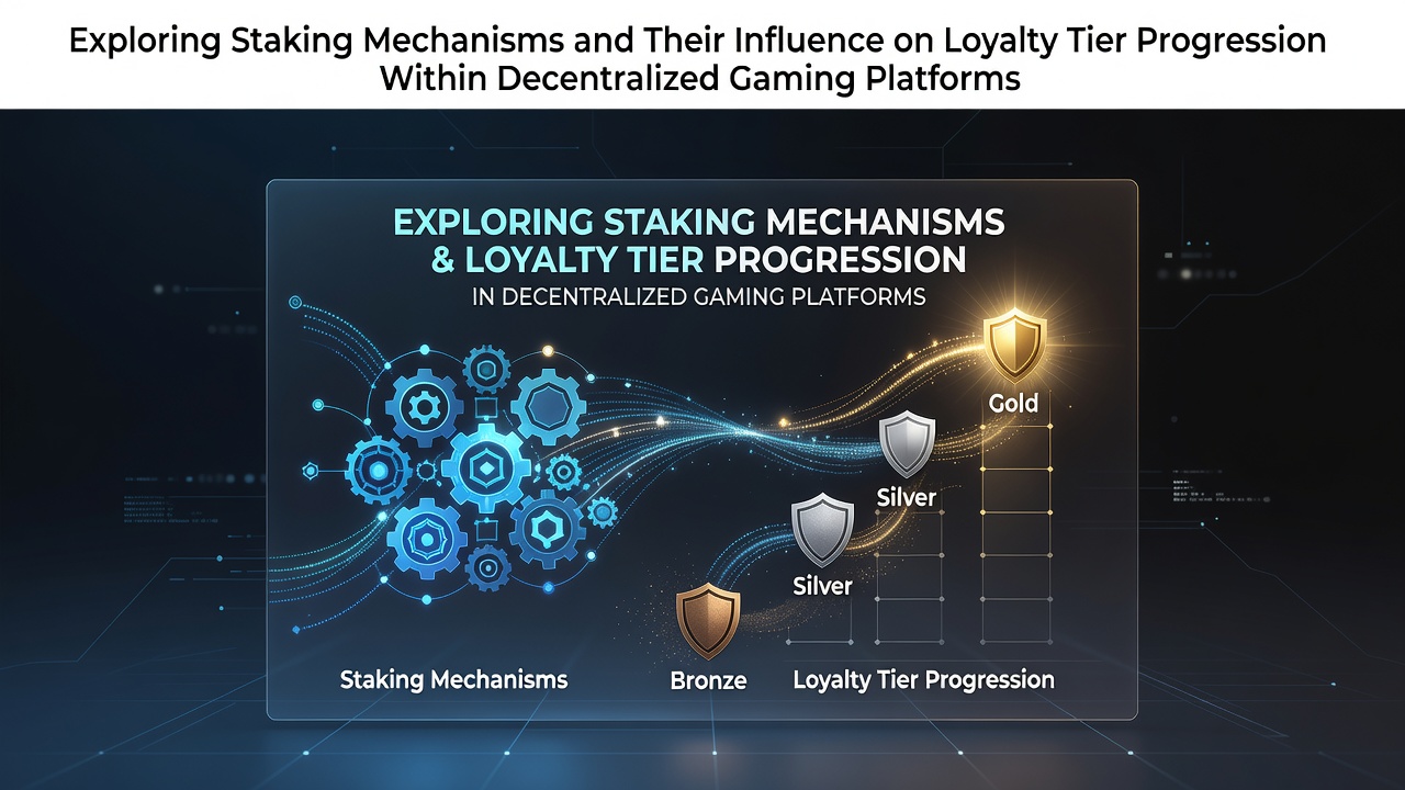 Darstellung von Staking-Prozessen und Loyalitätsstufen in einer dezentralen Gaming-Umgebung mit Blockchain-Elementen