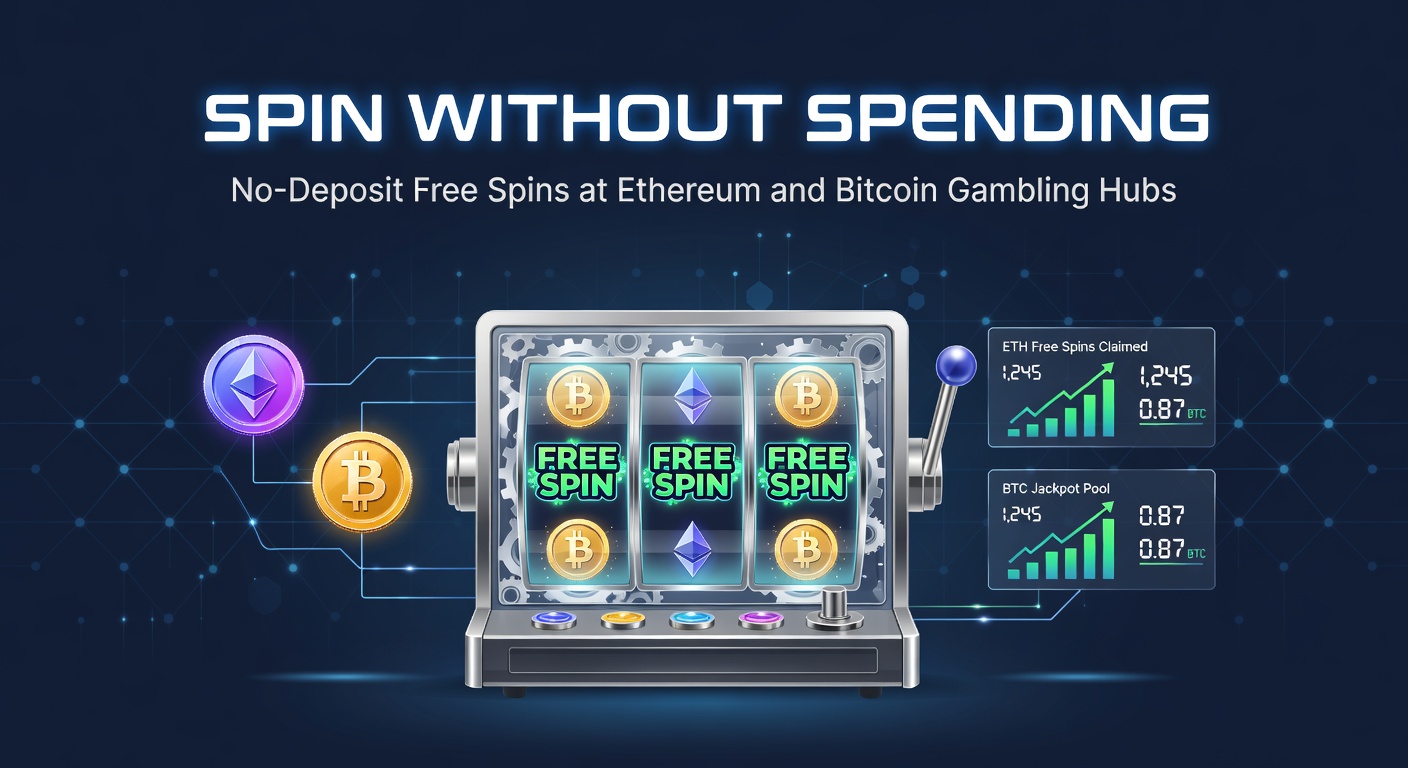 Bunte Slot-Maschine mit Krypto-Symbolen und Free-Spin-Angeboten, die risikofreies Spielen in Ethereum- und Bitcoin-Casinos illustrieren