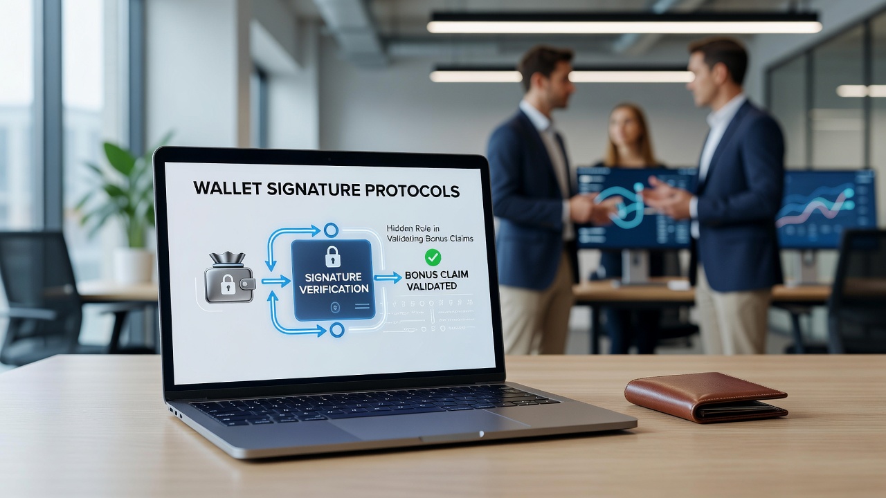 Darstellung der Validierung von Bonusansprüchen durch Wallet-Signaturen in digitalen Asset-Plattformen
